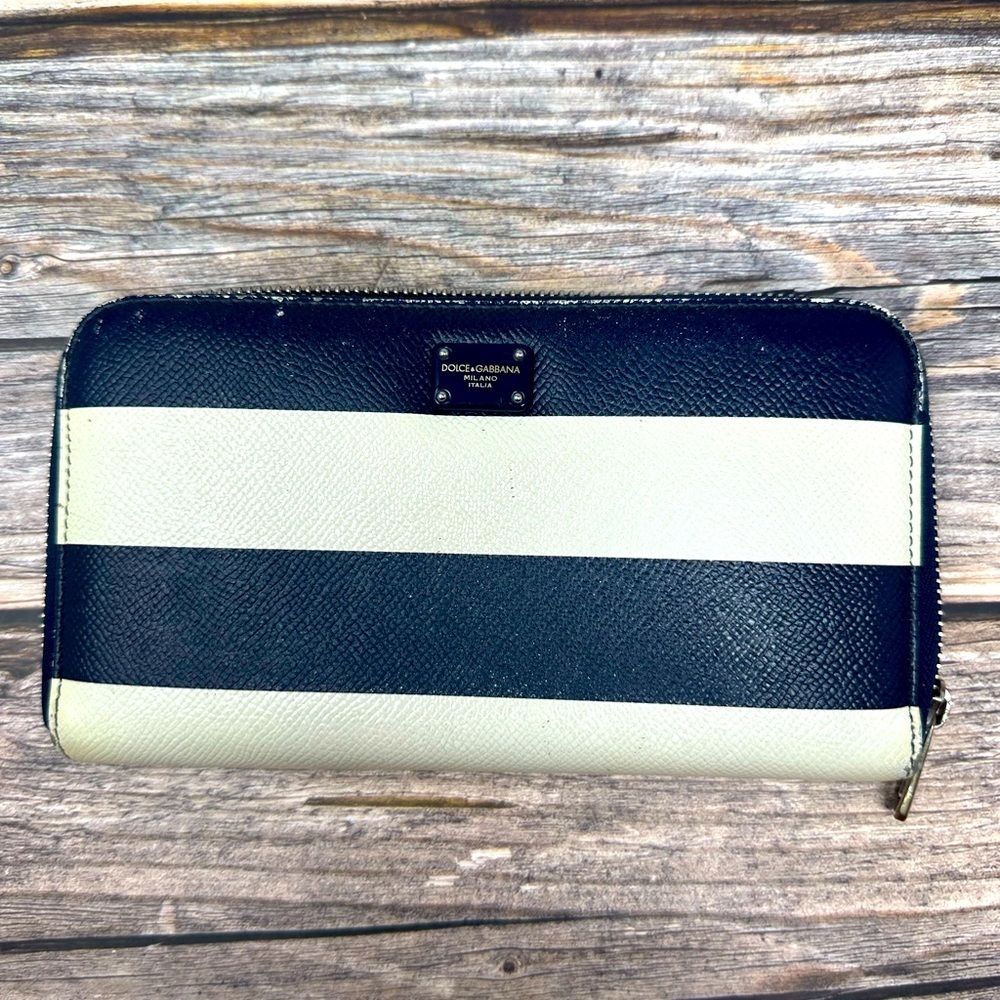 Dolce & Gabbana Blue & White Stripes Leather Zip Around Long Wallet GUC​​